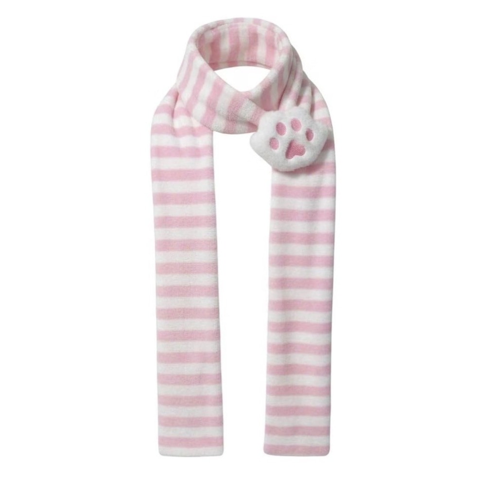 Pink White Striped Fleece Scarf with Detachable Plush Cat Paw Brooch